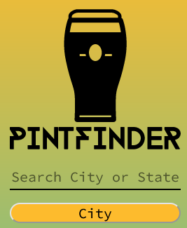 Picture of PintFinder website with a pint glass logo, search field, submit buttons, at results.